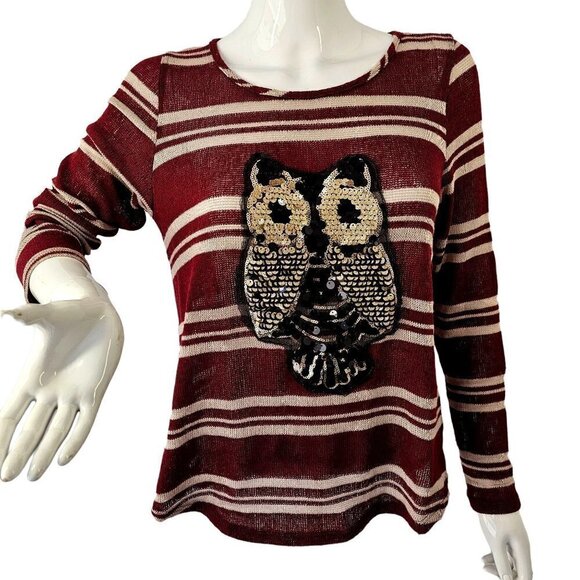 Candy Cane Stripe Top Long Sleeve Sequined Owl Lightweight Loose Knit Womens M - Picture 1 of 6